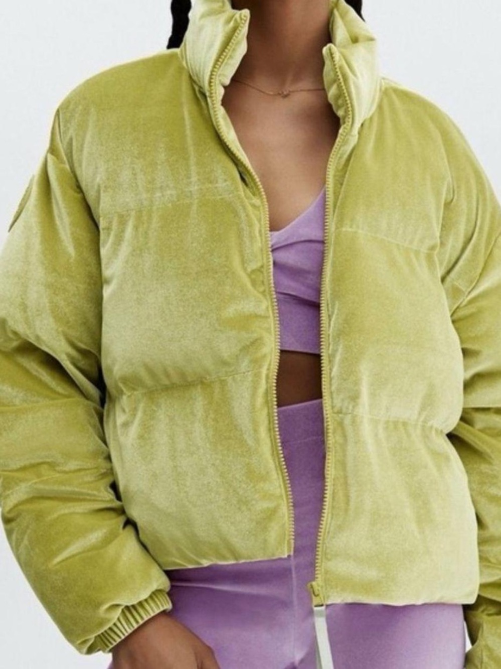 Fabletics Lime Green Velvet Cropped Jacket Zip Front Drawstring Hem Size XS